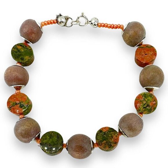 Beaded Bracelet Unakite & Wood Beaded in Sterling Silver Spring Ring Clasp - Picture 4 of 5